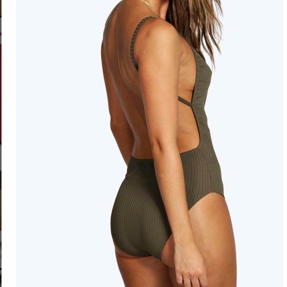 Olive Green Ribbed Open Back Bodysuit - Picture 2 of 7